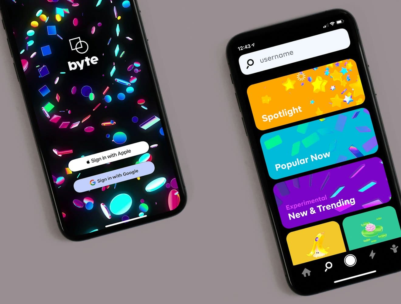 Two phones showing a colourful mobile app interface