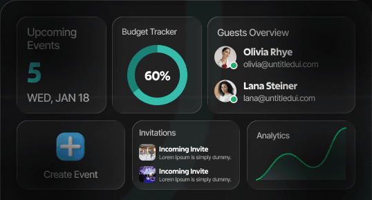 Event management app showing invitations and analytics