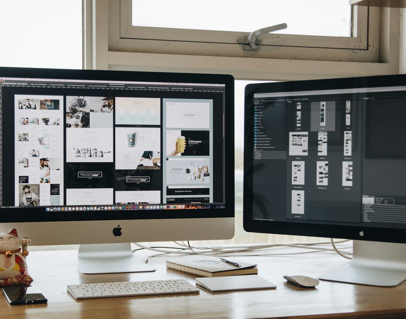 A designer's workstation with a website layout