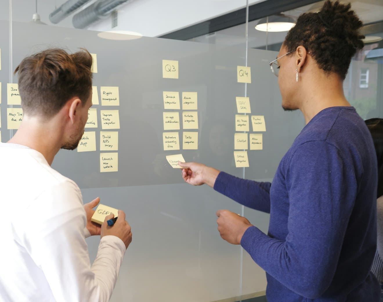 A team planning work on a board of sticky notes