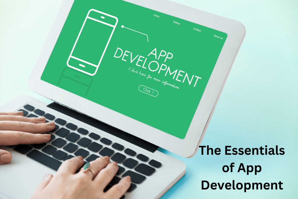 A white Laptop With green Screen and there is Phone Vector on screen and text app Development