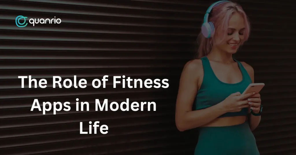 A woman with pink hair is doing a yoga pose. The text on the image reads: "The Role of Fitness Apps in Modern Life.