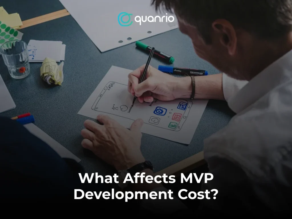 Two people collaborating on a mobile app design sketch at a desk with various office supplies. The image includes the text "What Affects MVP Development Cost?" and the logo "Quanrio."