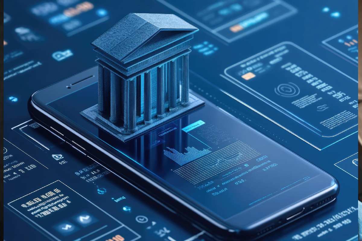 A three-dimensional graphic of a classical building emerging from a smartphone screen, surrounded by digital interface elements.