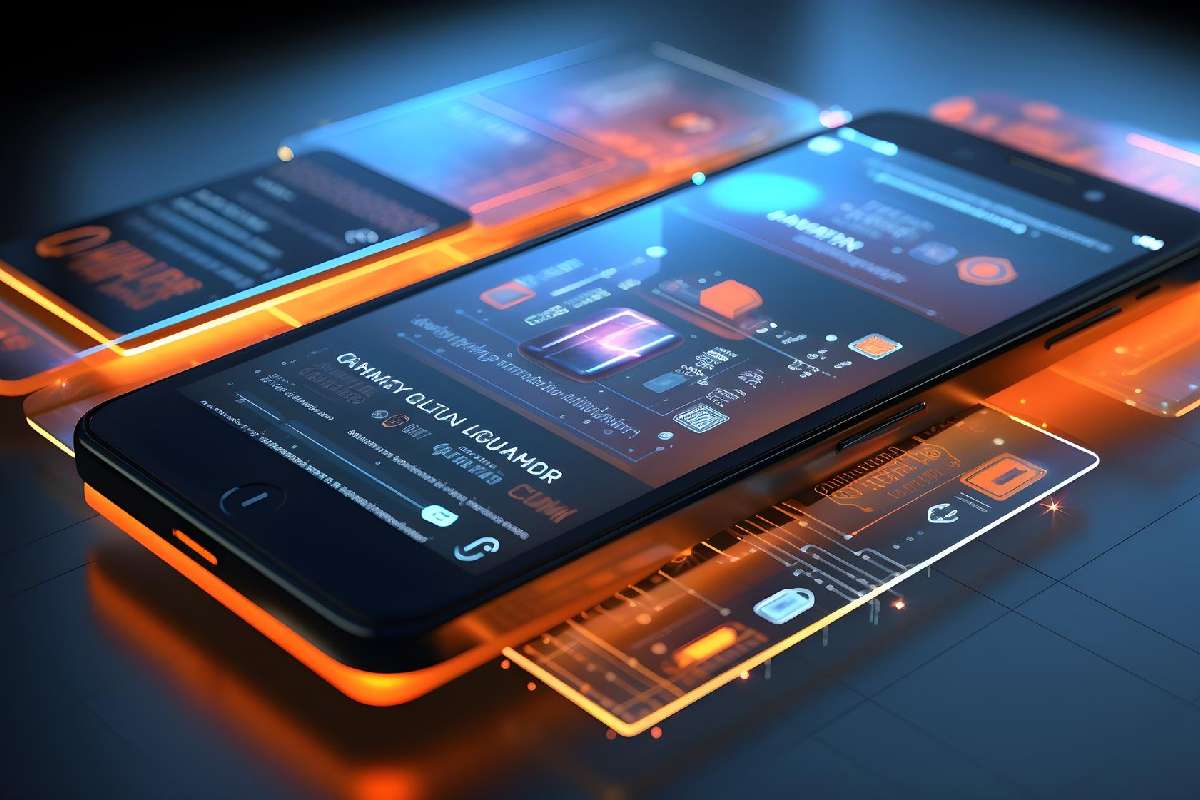 A smartphone with a futuristic interface displaying various graphics and data points, surrounded by glowing digital elements on a dark background.