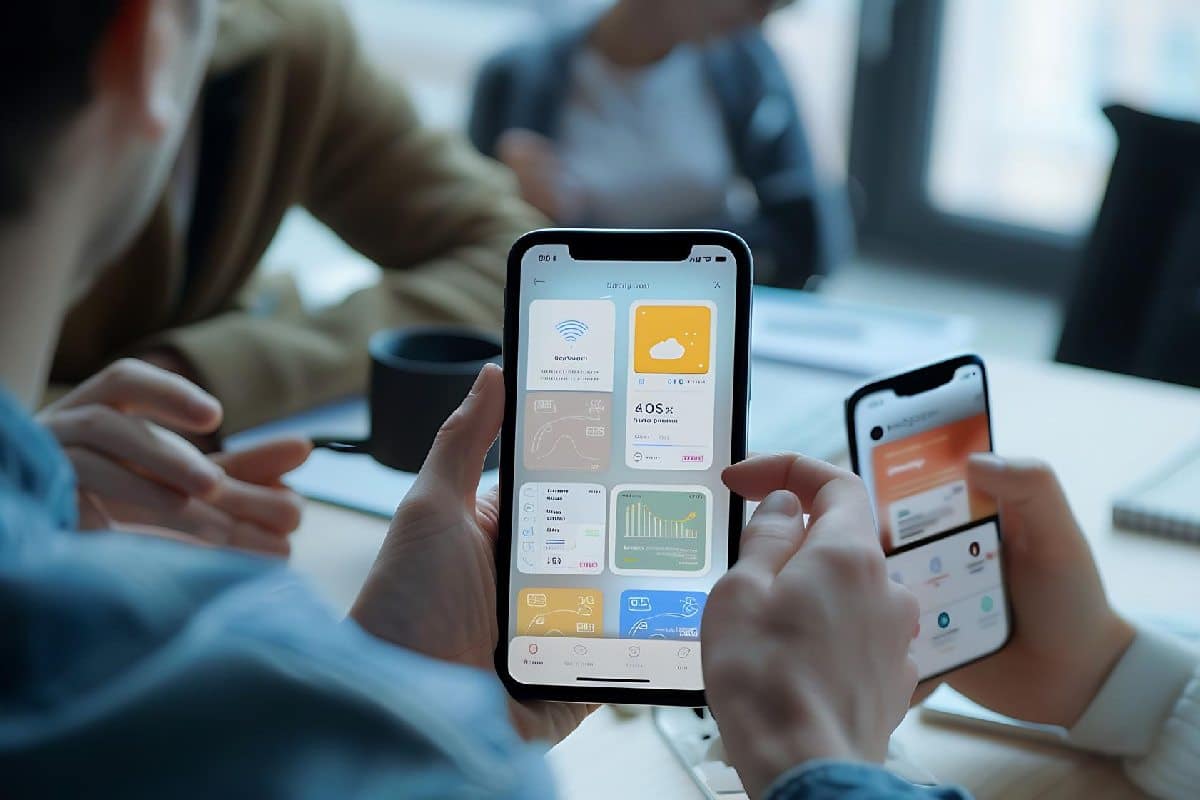A person holding a smartphone with various colorful app interfaces on the screen, indicating data analytics or mobile application usage, with another smartphone in the background held by a second individual, in a blurred office setting.