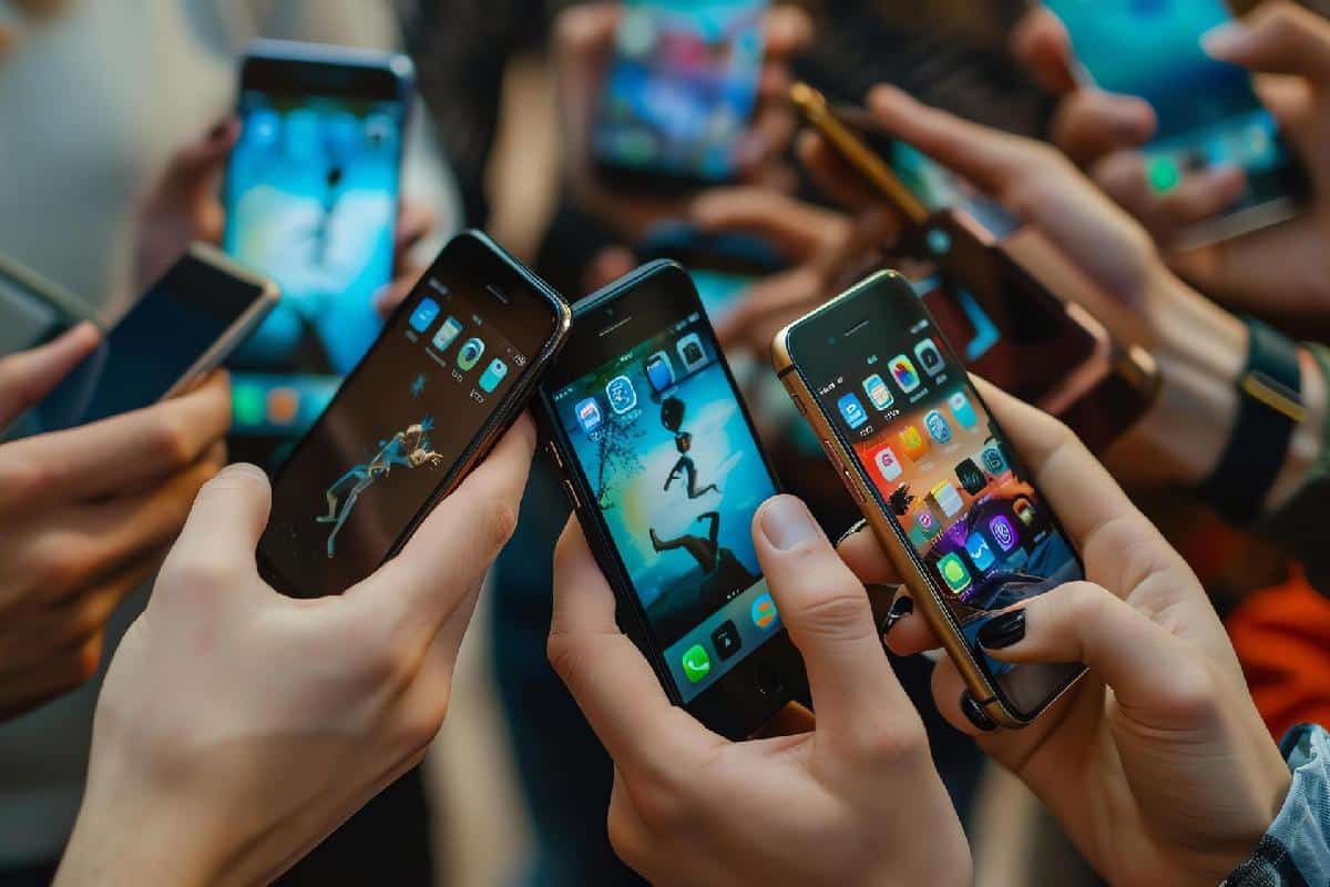 A group of people holding smartphones with various screen displays.
