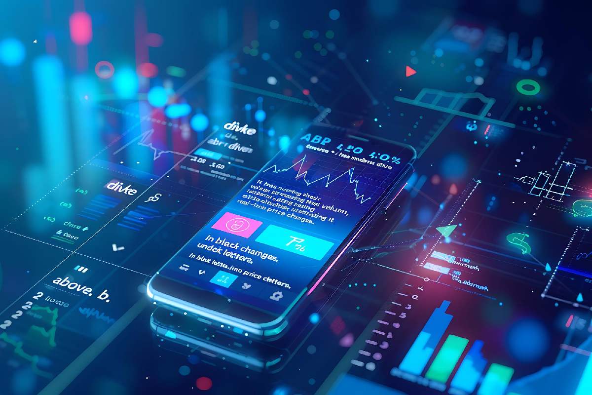 A smartphone displaying stock market data with dynamic charts and financial figures, overlaid on a background of colorful blurred lights and digital graphs.