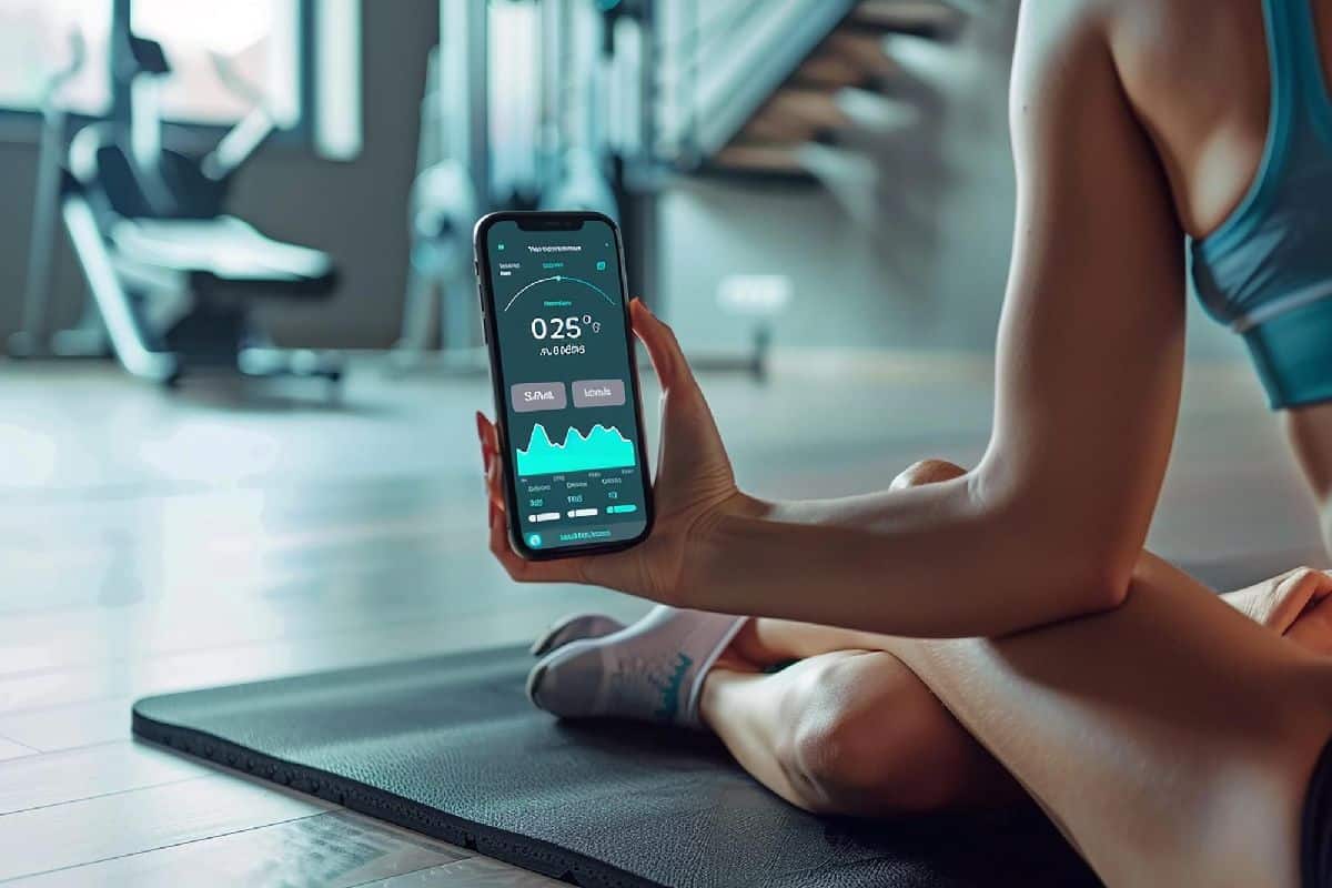 A person seated on a gym mat holding a smartphone with a fitness app displaying workout statistics.