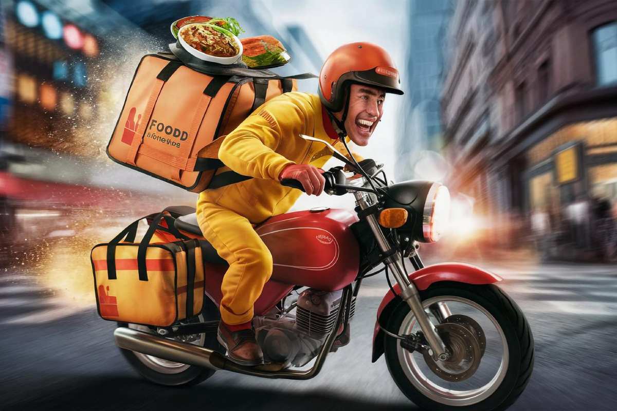 A food delivery rider in a yellow uniform speeds through the city on a motorbike with delivery bags and a plate of food on his back.