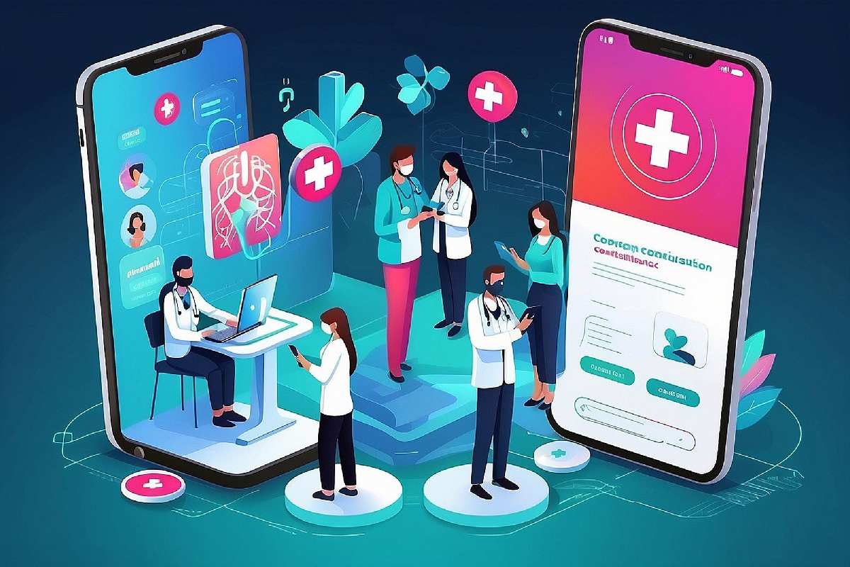 Illustration of a digital healthcare concept with two oversized smartphones displaying medical apps, surrounded by healthcare professionals and icons representing medical elements.