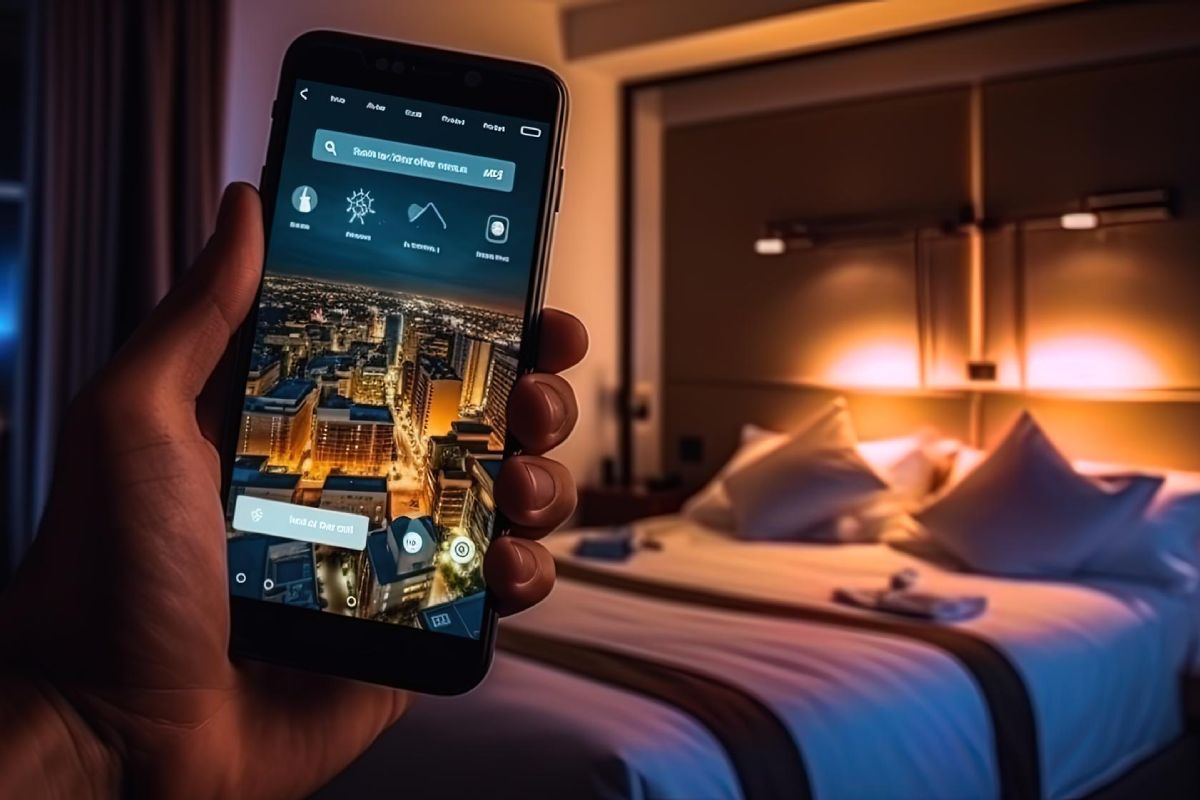 A hand holding a smartphone with a smart home control interface on the screen, displaying options for various home automation features against the backdrop of a dimly lit bedroom.