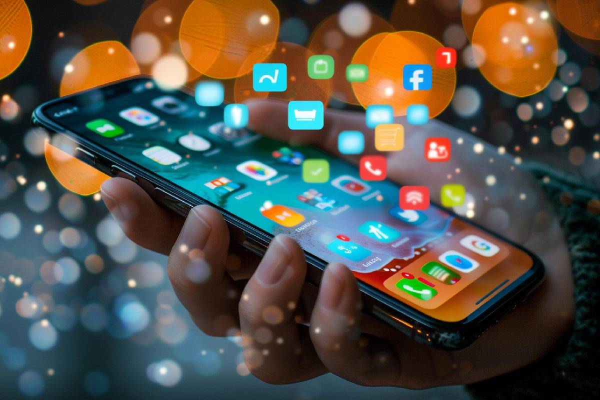 A hand holding a smartphone with various application icons on the screen, brightly illuminated against a bokeh light background.