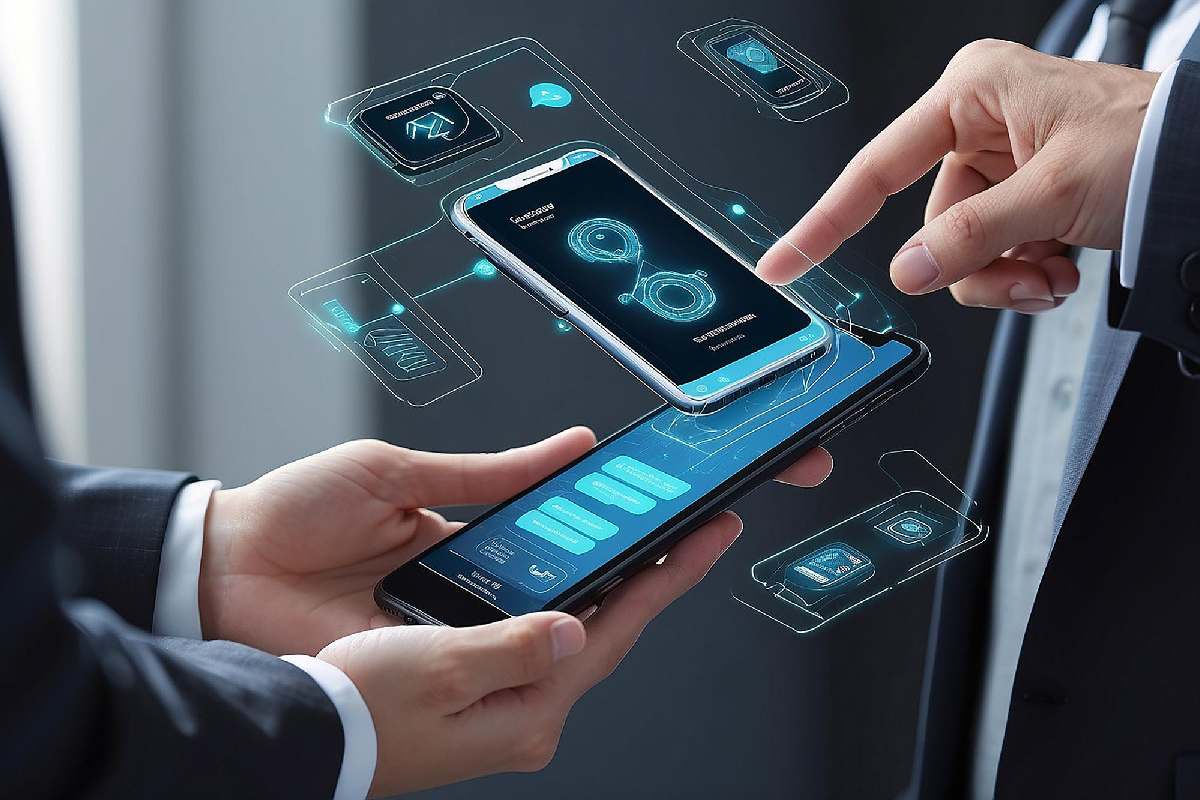 Two individuals holding a smartphone with futuristic holographic images projecting above the screen, displaying various user interface elements.