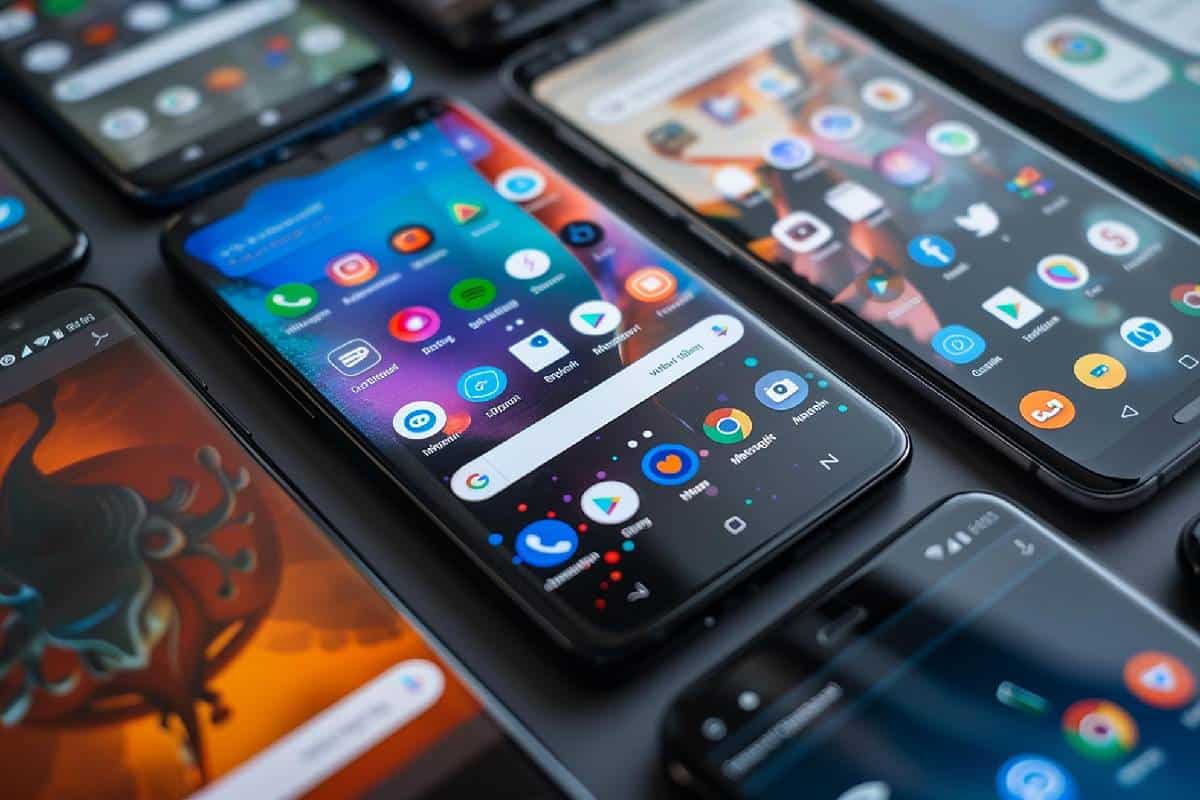 A collection of smartphones with various colorful app icons on their screens, arranged closely together.