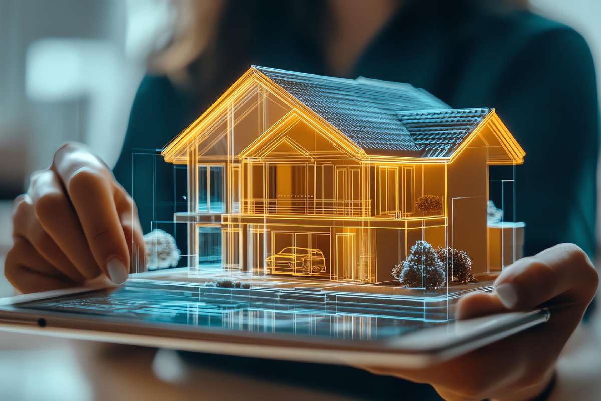 A holographic projection of a house above a tablet being operated by a person.