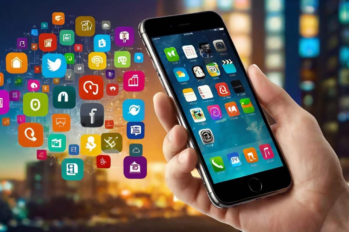 A hand holding a smartphone with various social media icons floating around it against a blurred cityscape background.