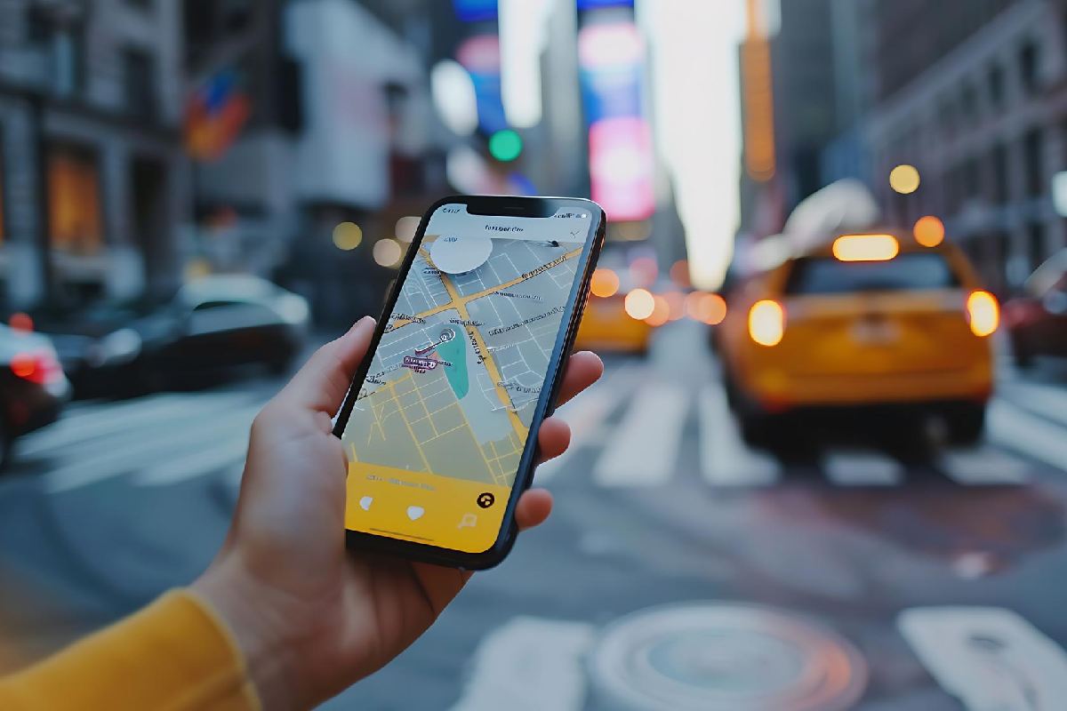 A person’s hand holding a smartphone with a map application open, against a blurred city street background with yellow taxis.
