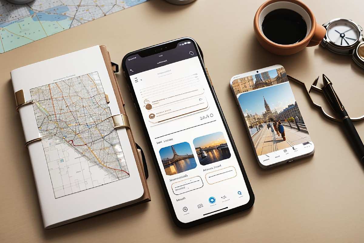 A smartphone displaying a travel app with two photos of a city, alongside another phone showing a photo of a landmark. A map, notebook, pen, and cup of coffee are also on the table.