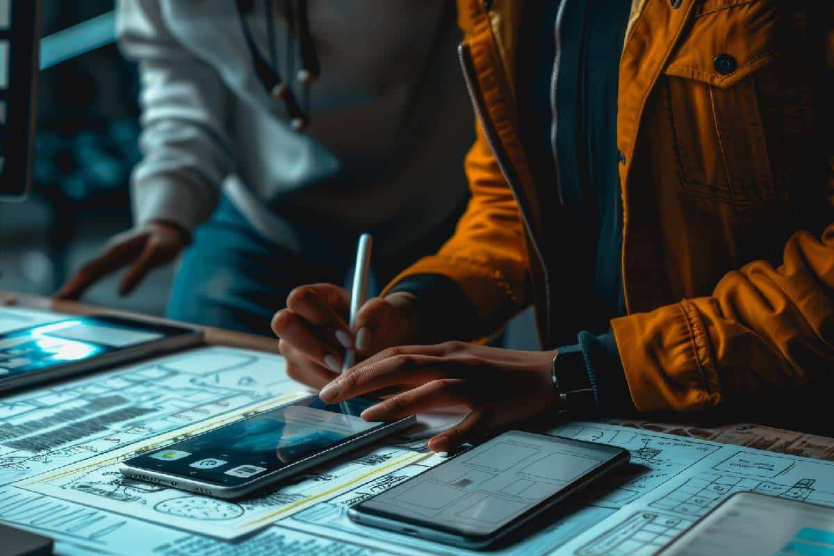 A person in a yellow jacket uses a stylus on a digital tablet over architectural blueprints, with another individual partially visible.