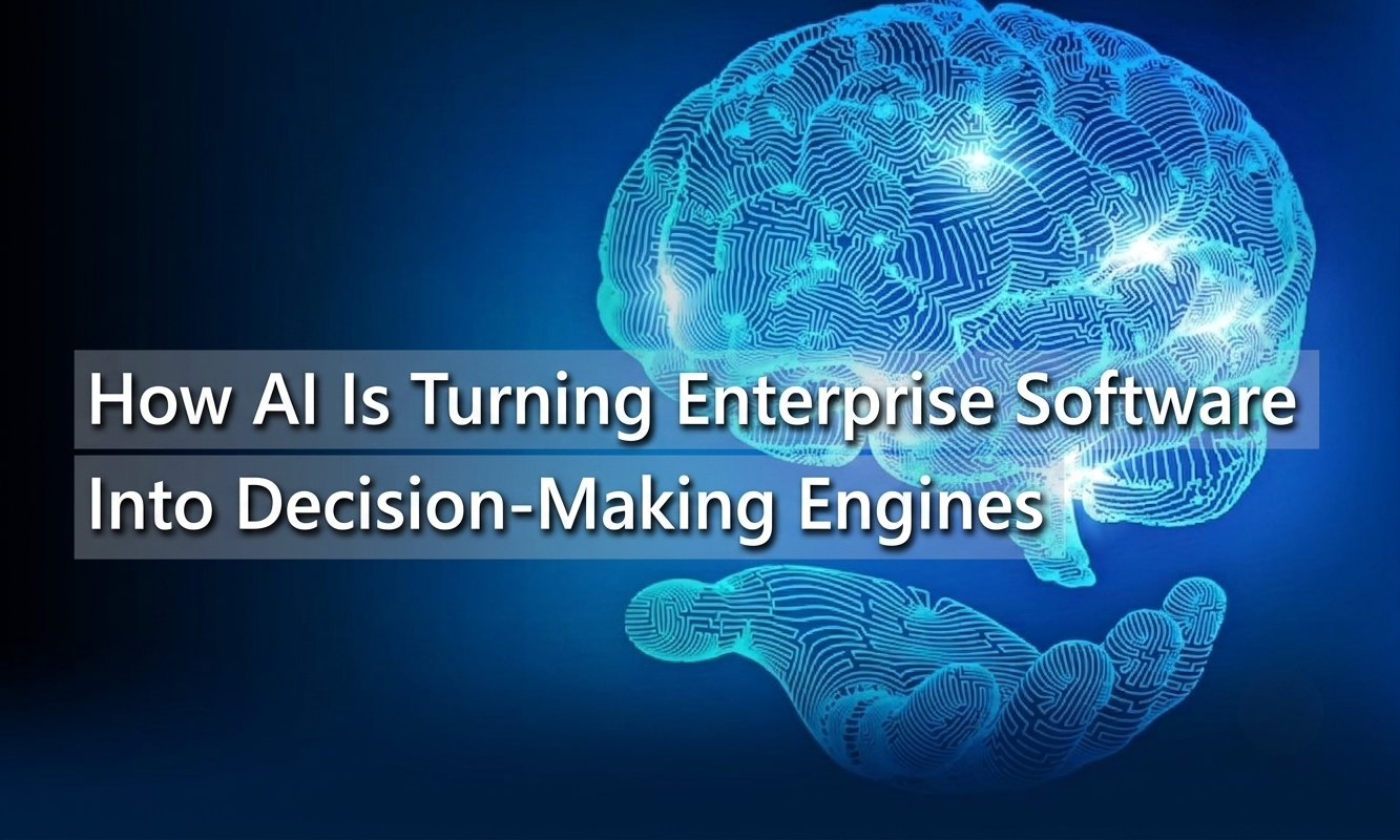 Digital AI brain above a robotic hand illustrating how AI transforms enterprise software into intelligent decision-making engines for business automation and analytics.