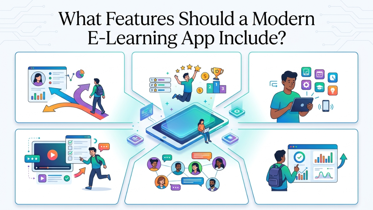 Illustration of a modern e-learning app featuring personalized learning, gamification, mobile access, interactive courses, collaboration, and progress tracking.